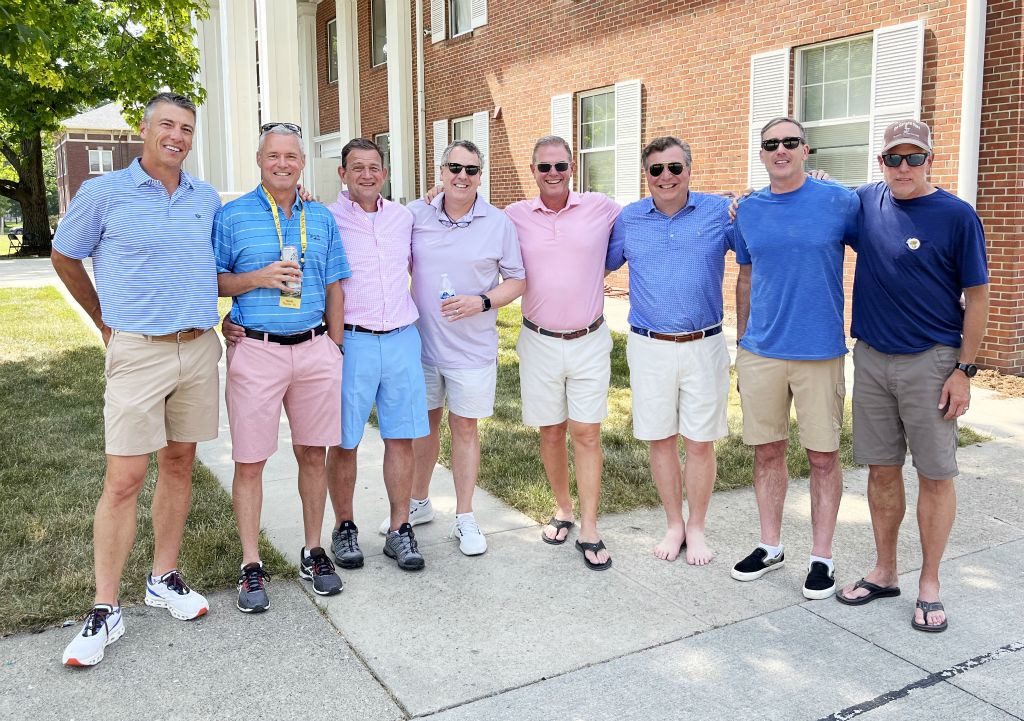 Reunion 2023, from left: Pete Munson ‘88, Scott Thiems ‘83, Kenneth Geoghegan ‘84, Dan Woodruff ‘88, Jay Gladden ‘88, Bill Weimer ‘88, Dave Bagley ‘88, Whit Smith ‘88